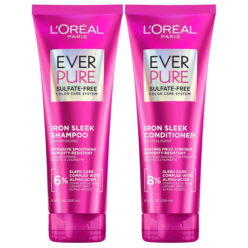 Sulfate Free Iron Sleek Smoothing Shampoo and Conditioner Set, Frizz Control and Humidity-Resistant Formula with Alpha-Acids, Suitable for Color-Treated Hair, Everpure, 13.6 Fl Oz Set
