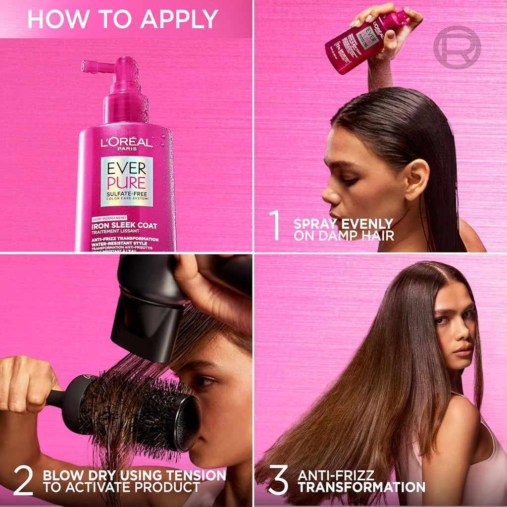 Sulfate Free Iron Sleek Coat, Anti-Frizz Hair Treatment Spray with Heat Protection & Humidity Protection, Semi-Permanent Smoothing, Suitable for Color-Treated Hair, Everpure, 5.1 Fl Oz