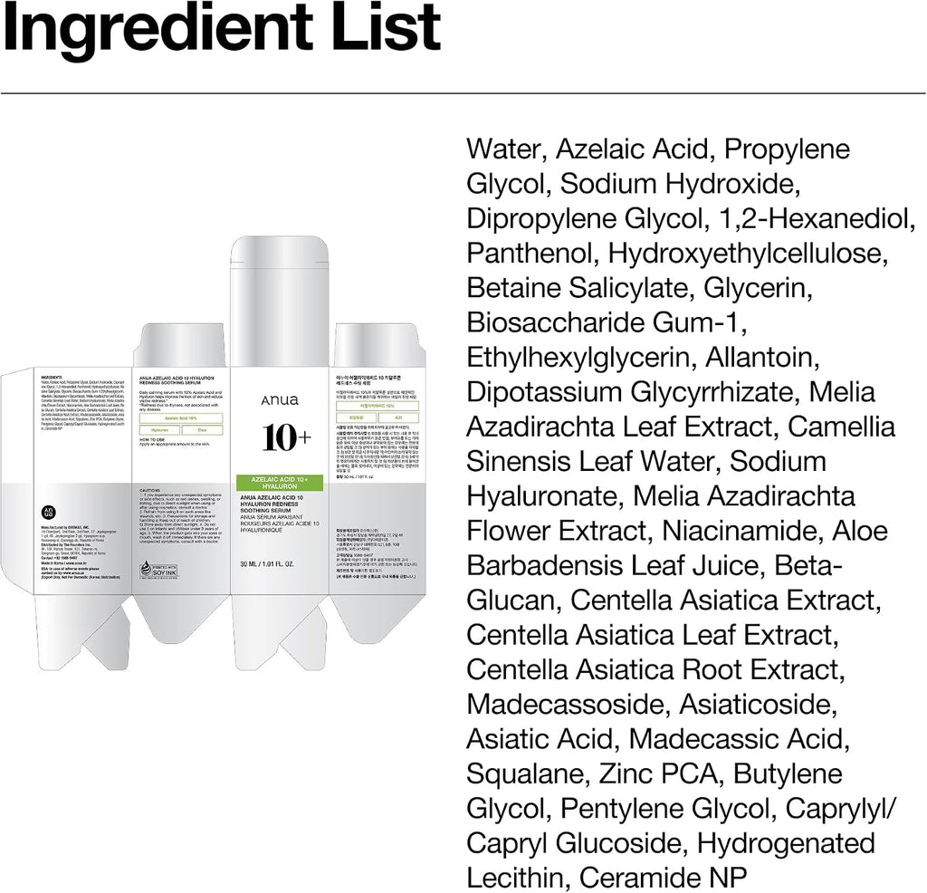 ANUA Azelaic Acid 10 Hyaluron Redness Soothing Serum 30ml