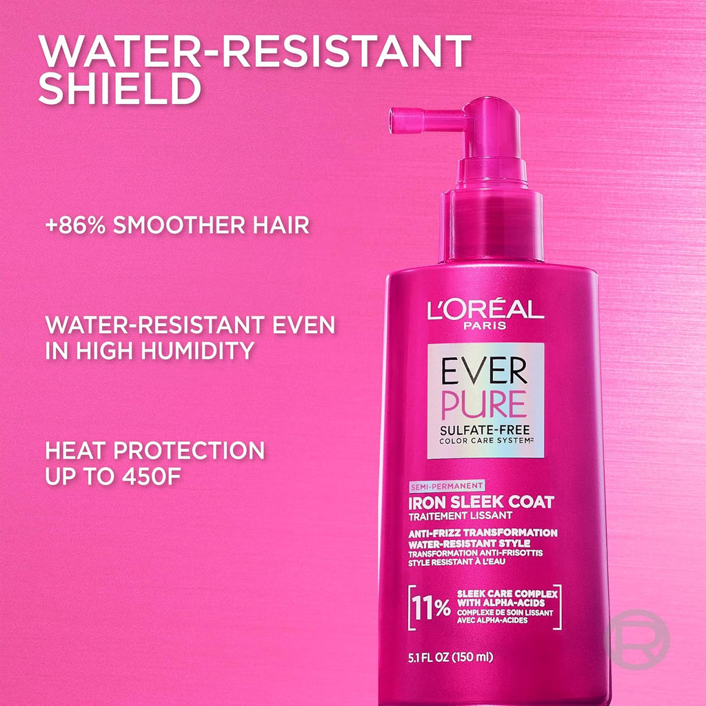 Sulfate Free Iron Sleek Coat, Anti-Frizz Hair Treatment Spray with Heat Protection & Humidity Protection, Semi-Permanent Smoothing, Suitable for Color-Treated Hair, Everpure, 5.1 Fl Oz