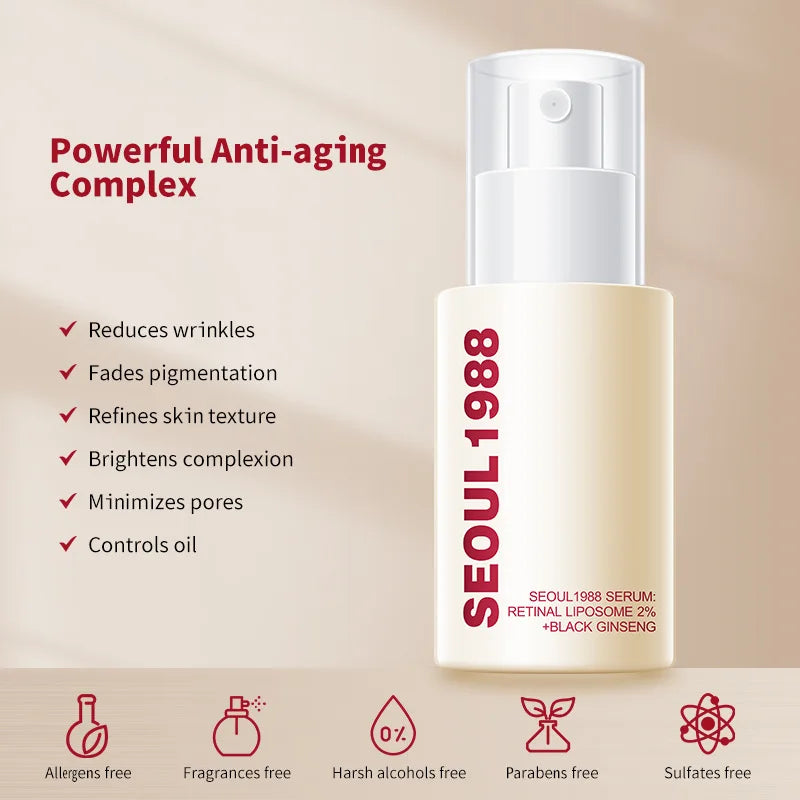 Seoul 1988 Korean Black Ginseng Retinol Serum with Niacinamide & Vitamin C - Hydrating Facial Ampoule for Daily Skin Care