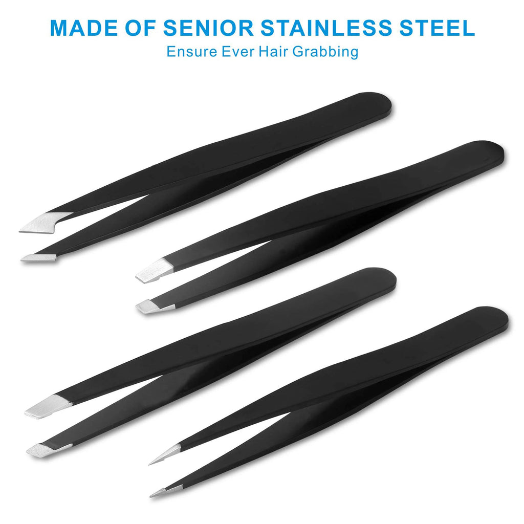 Stainless Steel Grooming Tweezers Set – Professional 5‑Piece Brow & Lash Tools with Slanted Tip