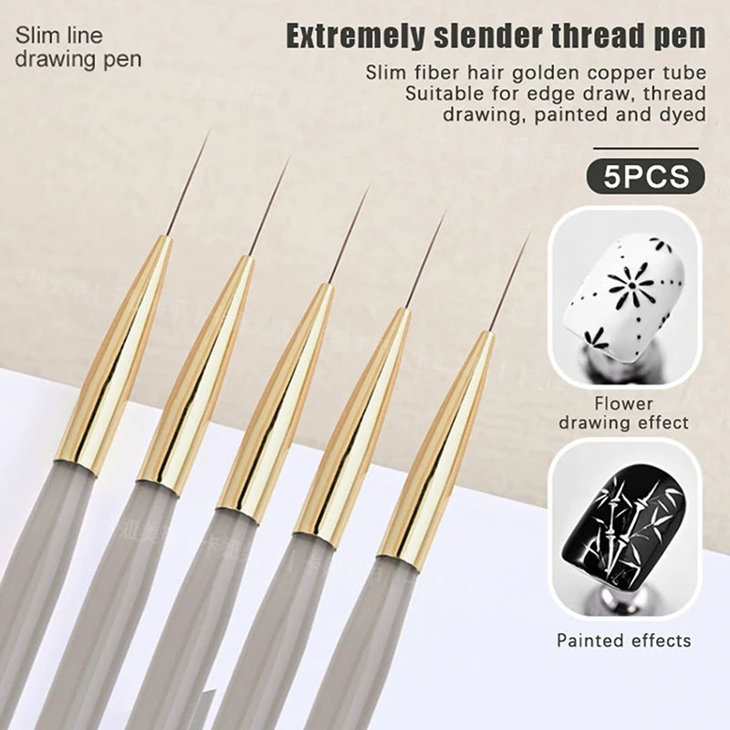 5Pcs Slim Nail Art Brushes – Acrylic Flower Painting & Line Drawing Kit