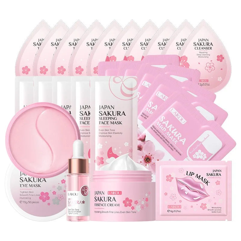 LAIKOU Sakura 24‑in‑1 Complete Skincare Set – Eye & Lip Masks, Serums, Cleanser, Toner & Cream