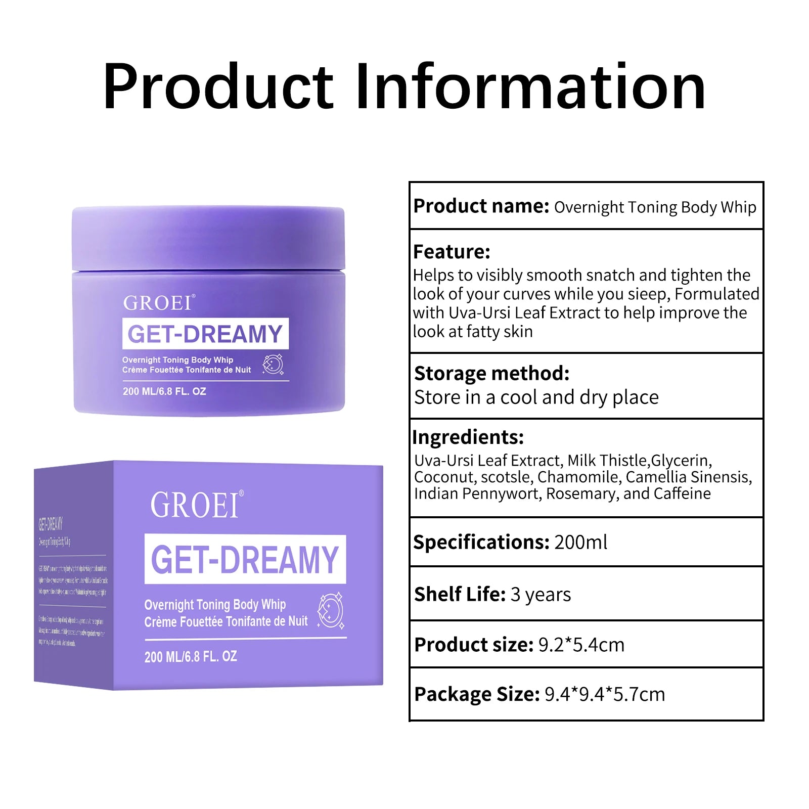 Overnight Toning Body Whip 200ml - Firming & Smoothing Cream with Uva-Ursi Extract, Reduces Cellulite Appearance, Non-Greasy
