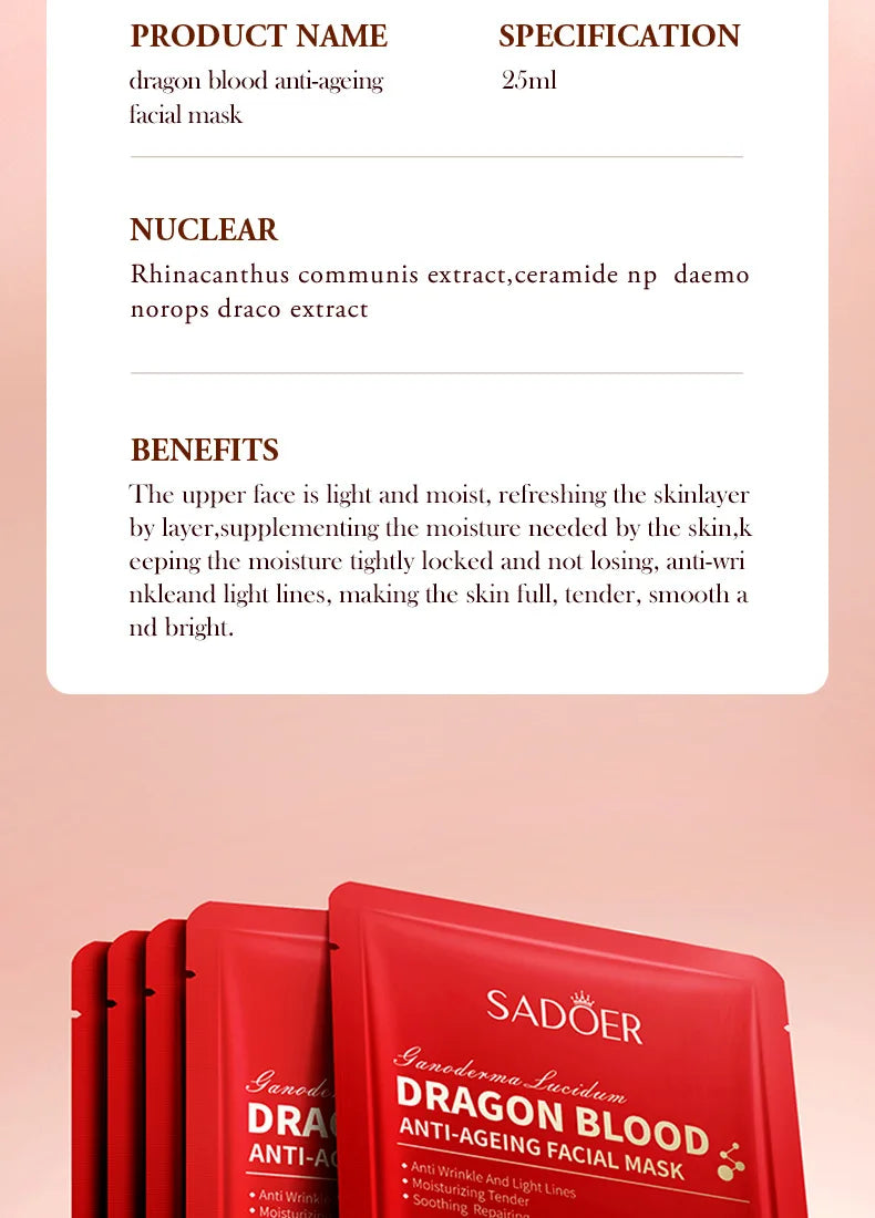 SADOER Dragon Blood Facial Masks for Face Moisturizing Anti-aging Hydrating Face Mask Facial Skin Care Products