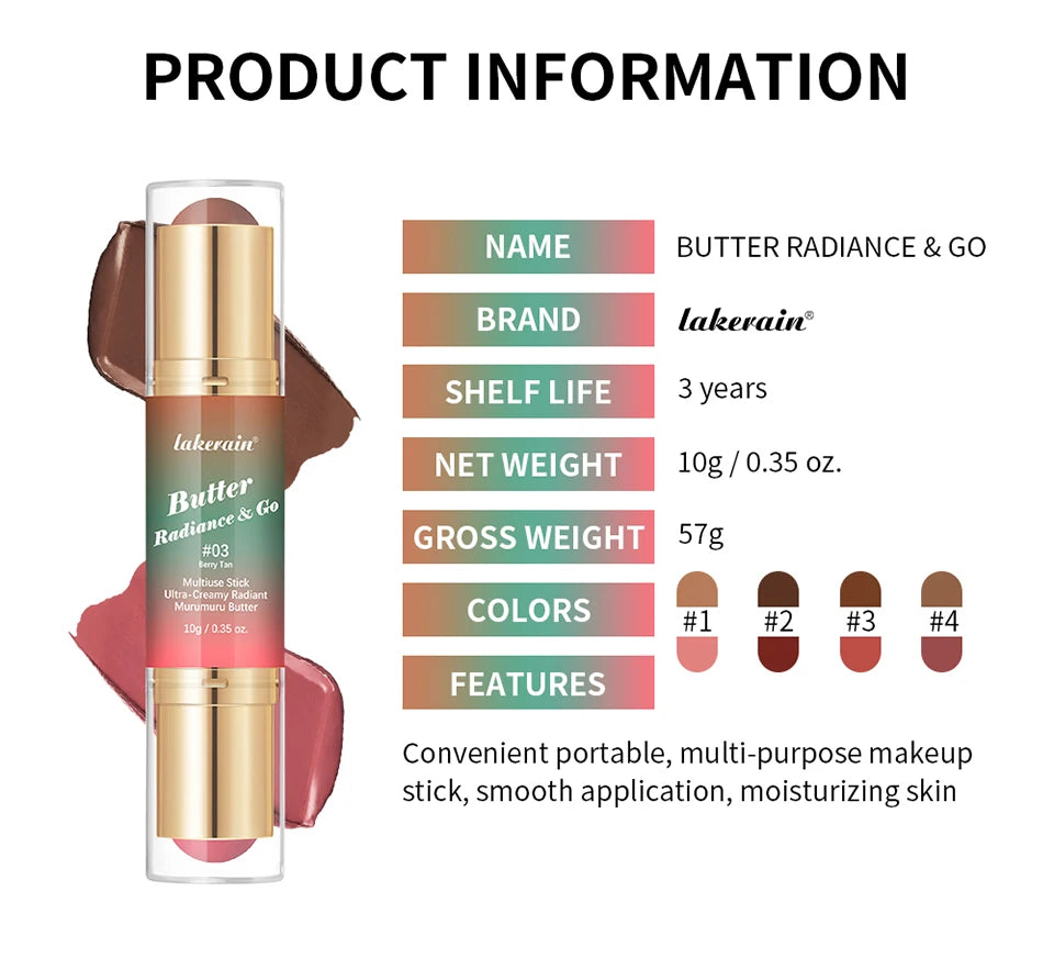Lakerain Multipurpose Blush Stick Moisturizing Skin Long Lasting Natural Double-headed Bronzer-Blush Stick Pigmented Beauty Makeup