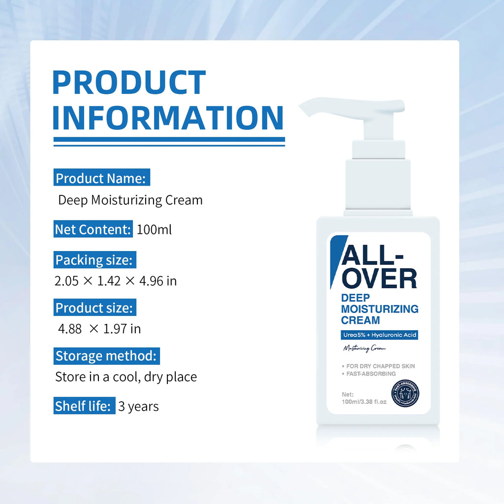 ALL-OVER Deep Moisturizing Cream 100ml 5% Urea Hyaluronic Acid Hydration Dry Chapped Skin Fast Absorption Face Body Hand Care