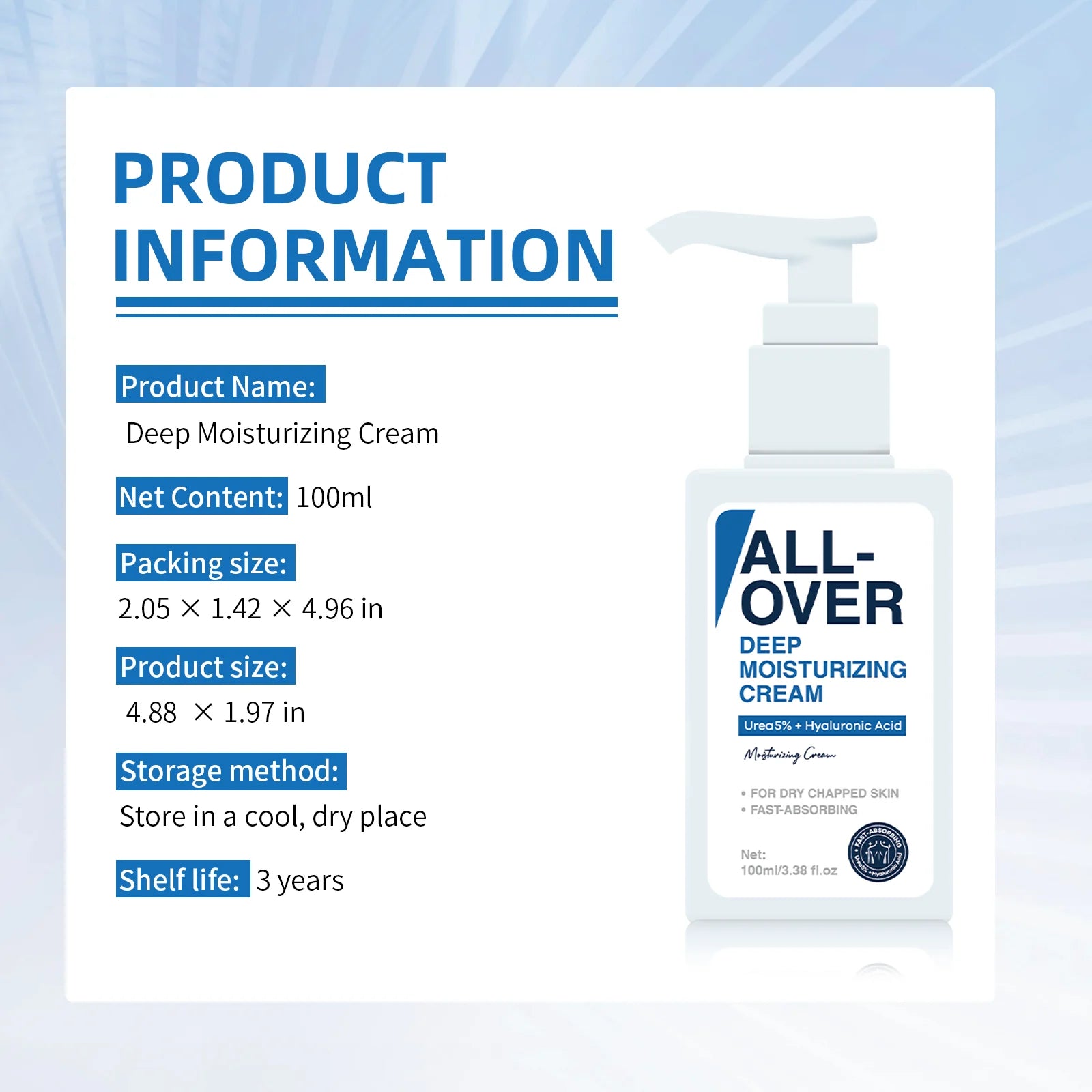 ALL-OVER Deep Moisturizing Cream 100ml 5% Urea Hyaluronic Acid Hydration Dry Chapped Skin Fast Absorption Face Body Hand Care