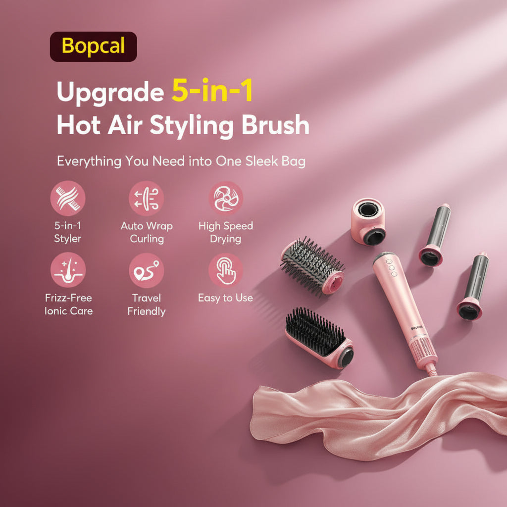 5 in 1 High-Speed Hot Air Styler Frizz-Free Fast Drying No Heat Damage Hair Dryer Curl Volumize Straighten with Travel Bag