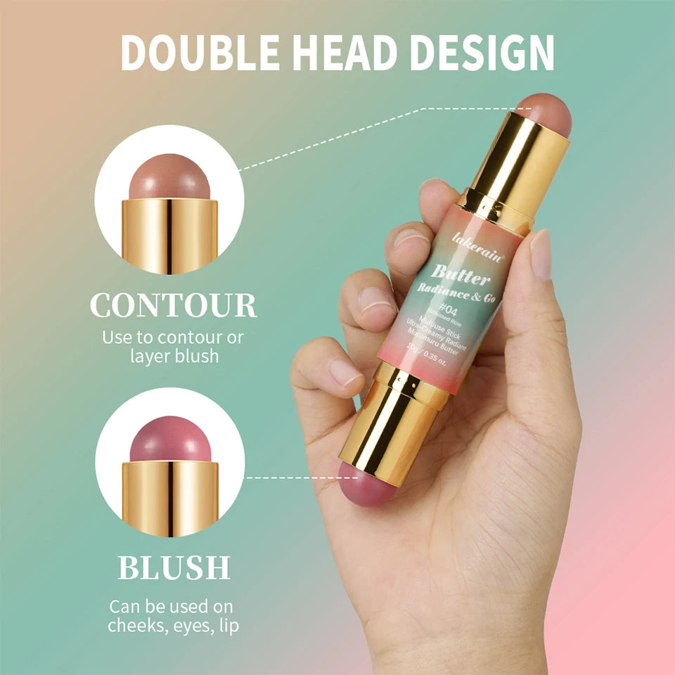 Lakerain Multipurpose Blush Stick Moisturizing Skin Long Lasting Natural Double-headed Bronzer-Blush Stick Pigmented Beauty Makeup
