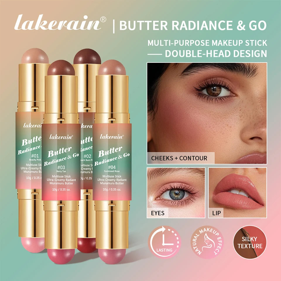 Lakerain Multipurpose Blush Stick Moisturizing Skin Long Lasting Natural Double-headed Bronzer-Blush Stick Pigmented Beauty Makeup