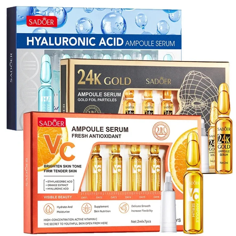 Collection of Sadoer skincare products including ampoule serum and packaging on a white background
