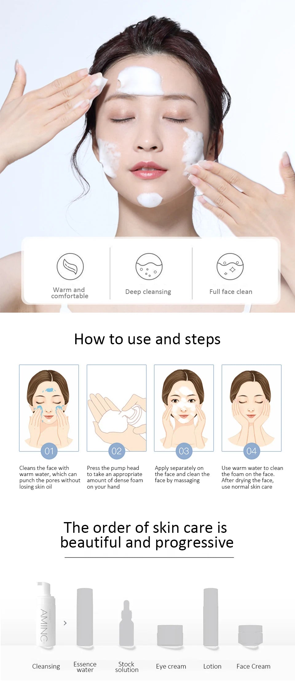 Amino Acid Cleansing Mousse Oil Control Deep Cleaning Mites Removal Acne Moisturizing Face Cleanser Foam Brighten Skin