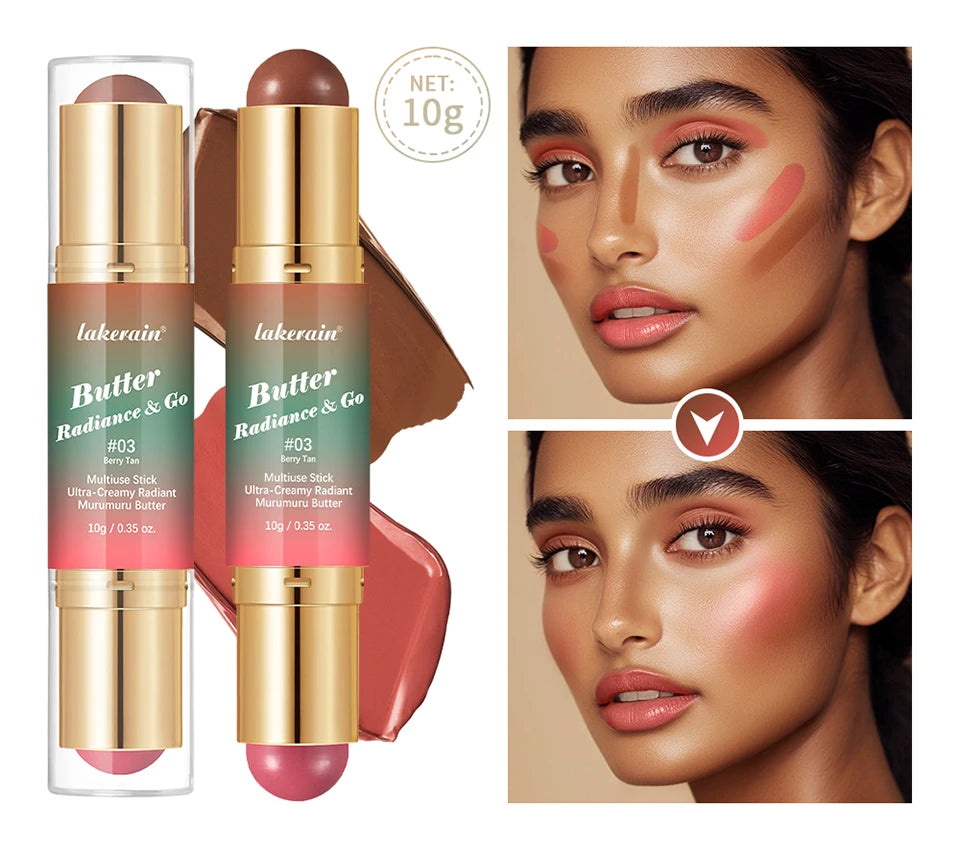 Lakerain Multipurpose Blush Stick Moisturizing Skin Long Lasting Natural Double-headed Bronzer-Blush Stick Pigmented Beauty Makeup