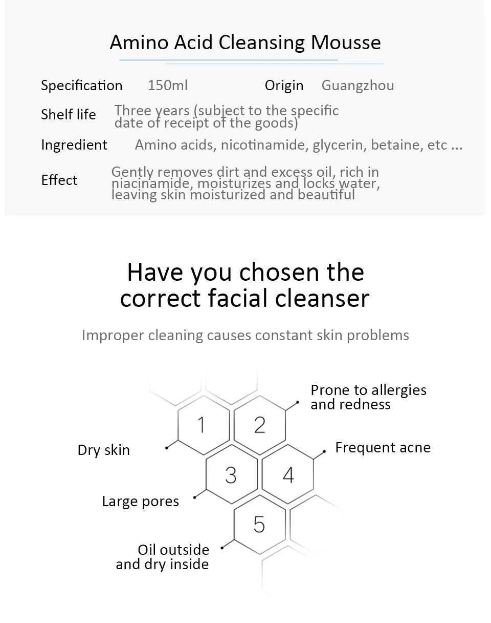 Amino Acid Cleansing Mousse Oil Control Deep Cleaning Mites Removal Acne Moisturizing Face Cleanser Foam Brighten Skin