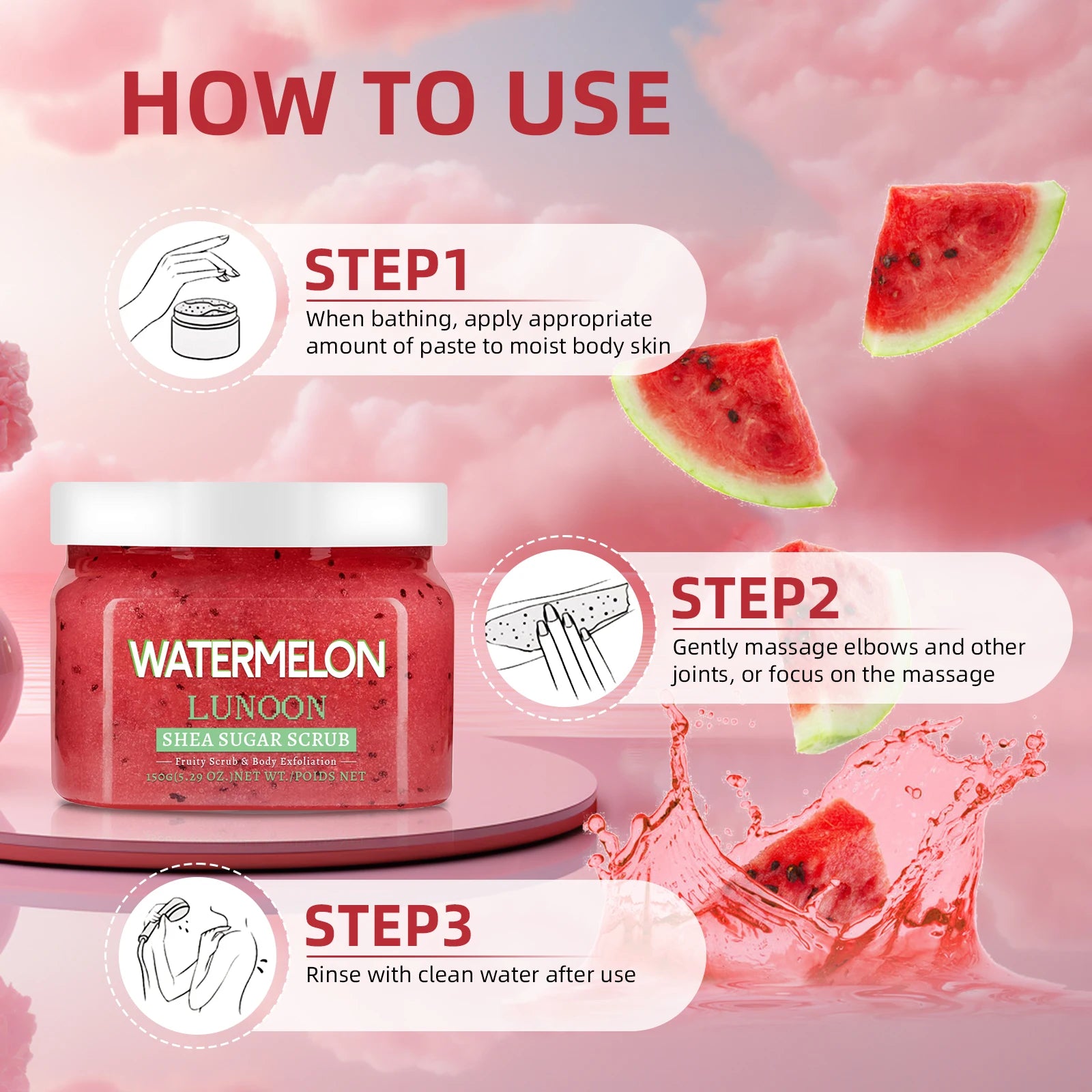 Natural Watermelon & Shea Butter Sugar Scrub 150g - Hydrating Body Polish for Smooth, Glowing Skin on Elbows, Knees & Legs.