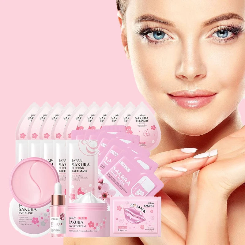 LAIKOU Sakura 24‑in‑1 Complete Skincare Set – Eye & Lip Masks, Serums, Cleanser, Toner & Cream