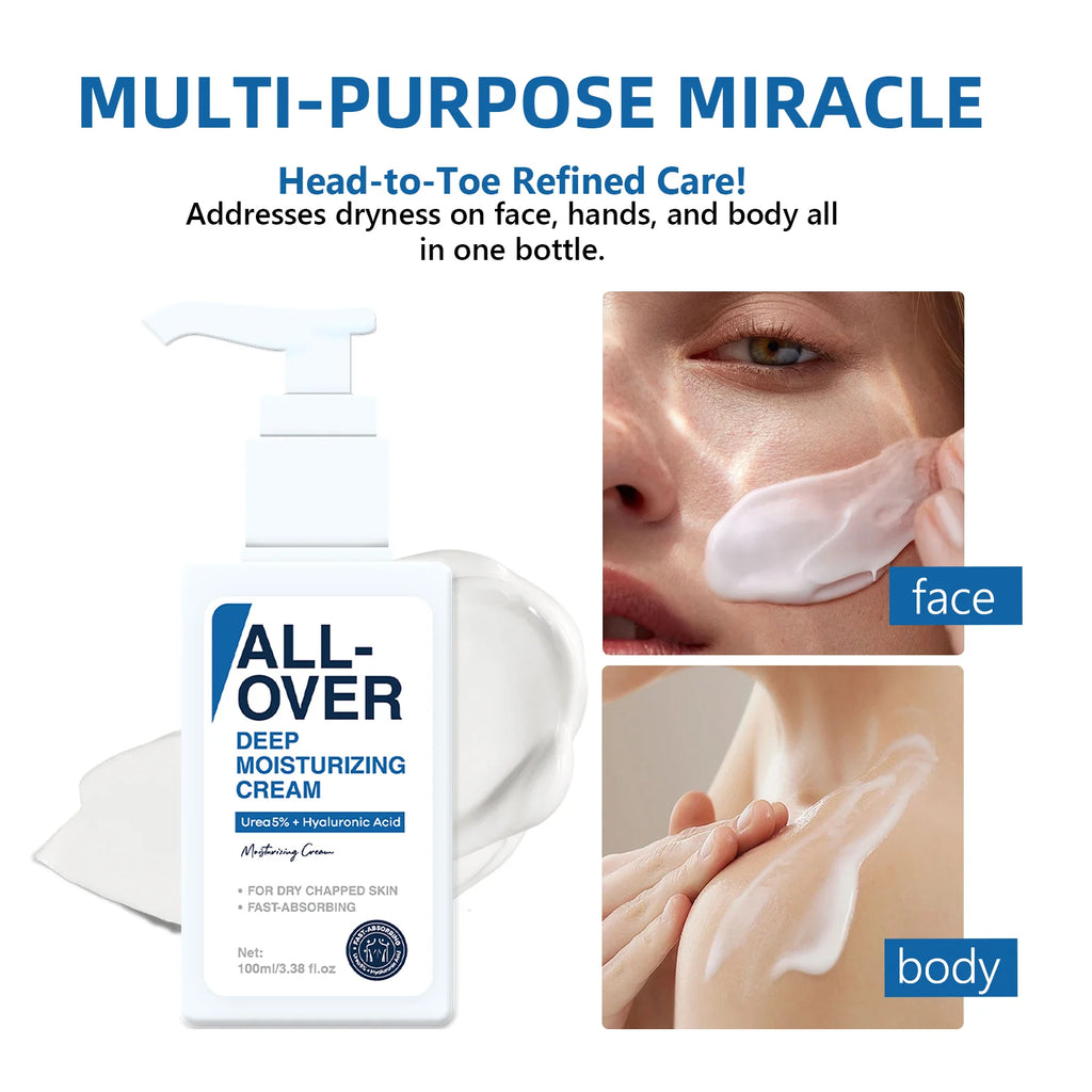 ALL-OVER Deep Moisturizing Cream 100ml 5% Urea Hyaluronic Acid Hydration Dry Chapped Skin Fast Absorption Face Body Hand Care