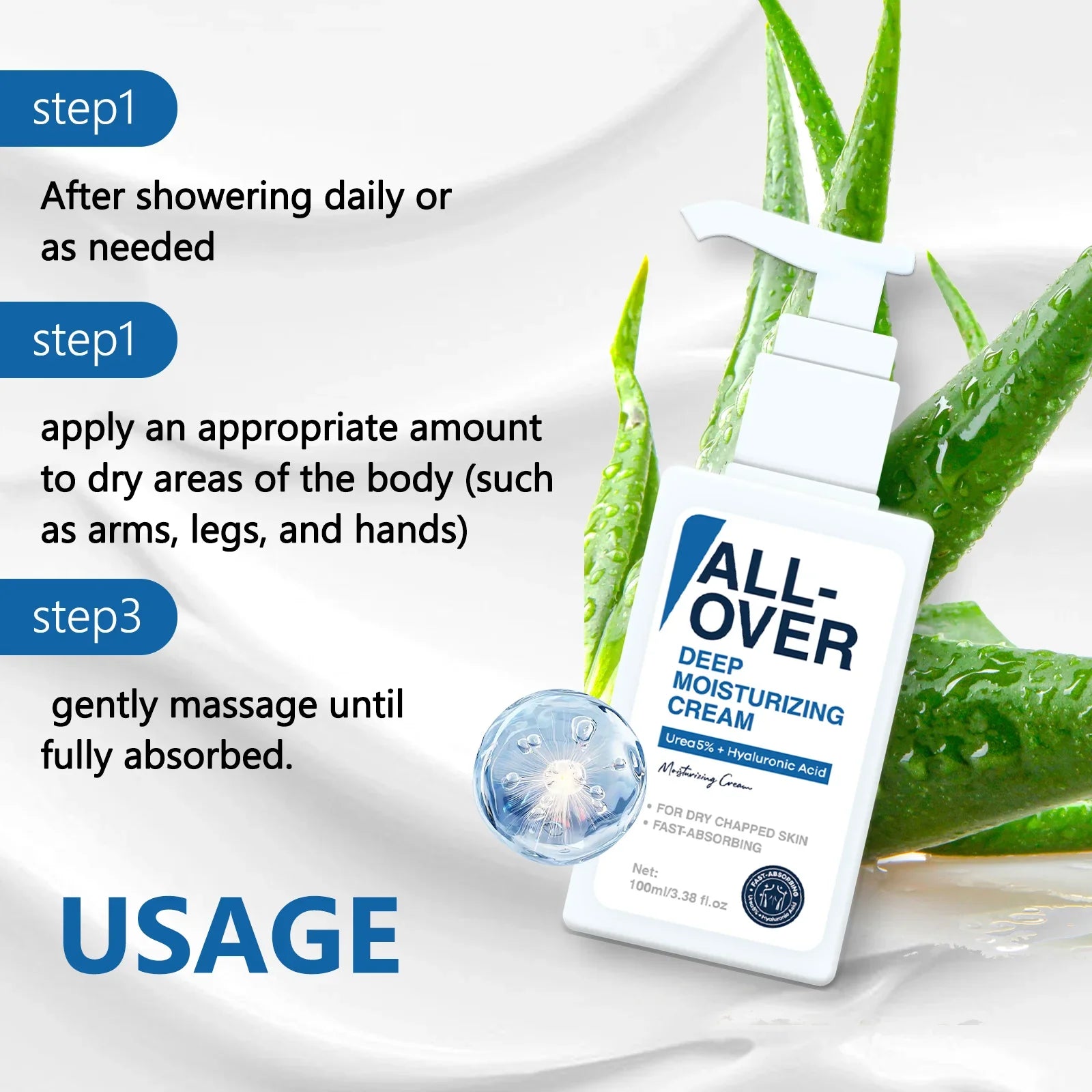ALL-OVER Deep Moisturizing Cream 100ml 5% Urea Hyaluronic Acid Hydration Dry Chapped Skin Fast Absorption Face Body Hand Care