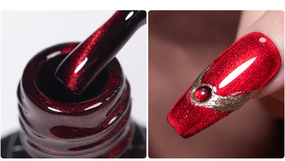 PUENTE 7.5ML Wine Red Magnetic Cat Eye Gel Nail Polish With Magnet, Super Shiny Ruby Red Magnetic Nail Gel, Soak Off UV/LED Lamp Curing, Glossy Varnish, Hypoallergenic Nail Salon Quality Polish for Skin, Gift for Women