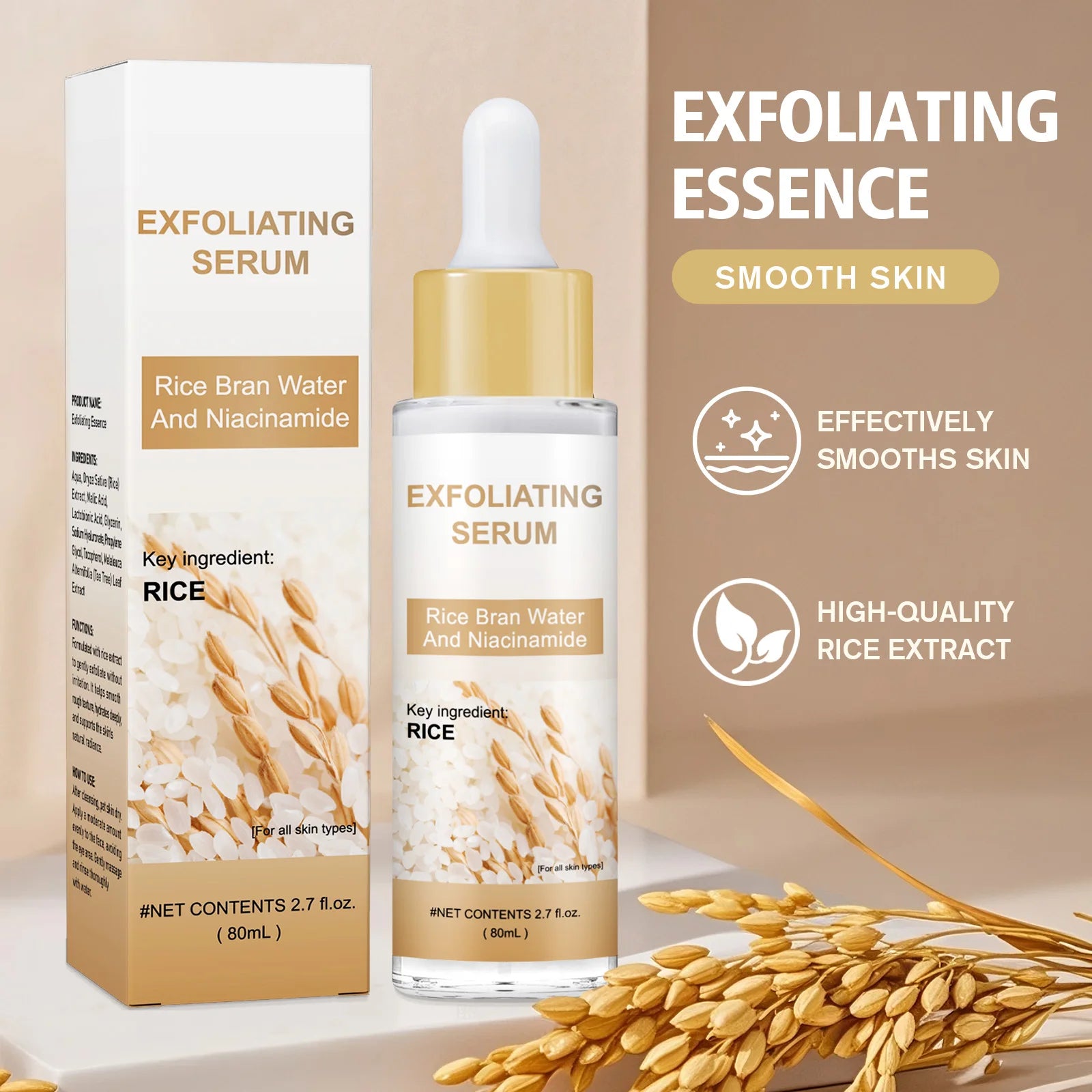 Brightening Rice Bran Face Serum 80ml - Natural Fruit Acids Gently Exfoliate, Smooth & Enhance Skin Texture for Radiance.