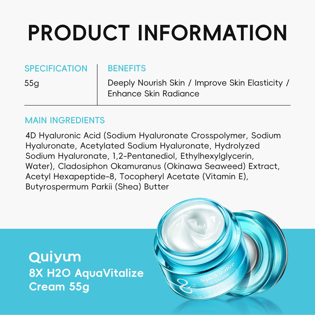 Quiyum 8X H2O AquaVitalize Cream 55g Deep Nourishing Daily Face Cream Boost Skin Radiance Maintain Skin Elasticity