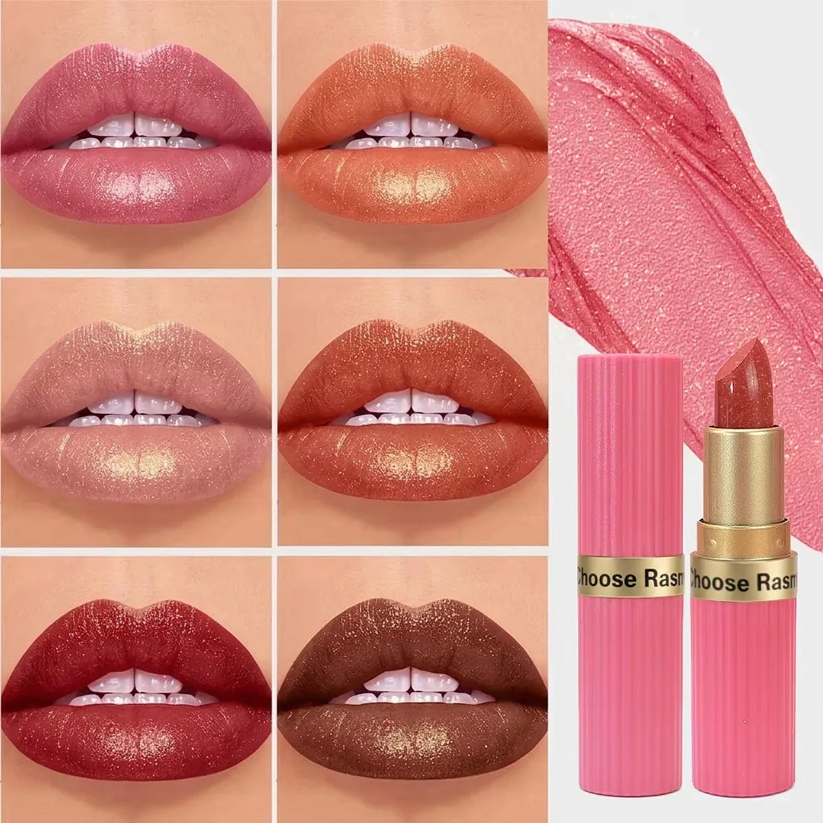Pink Glitter Metallic Lipstick – Pearlescent Velvet Matte, Waterproof Long Wear