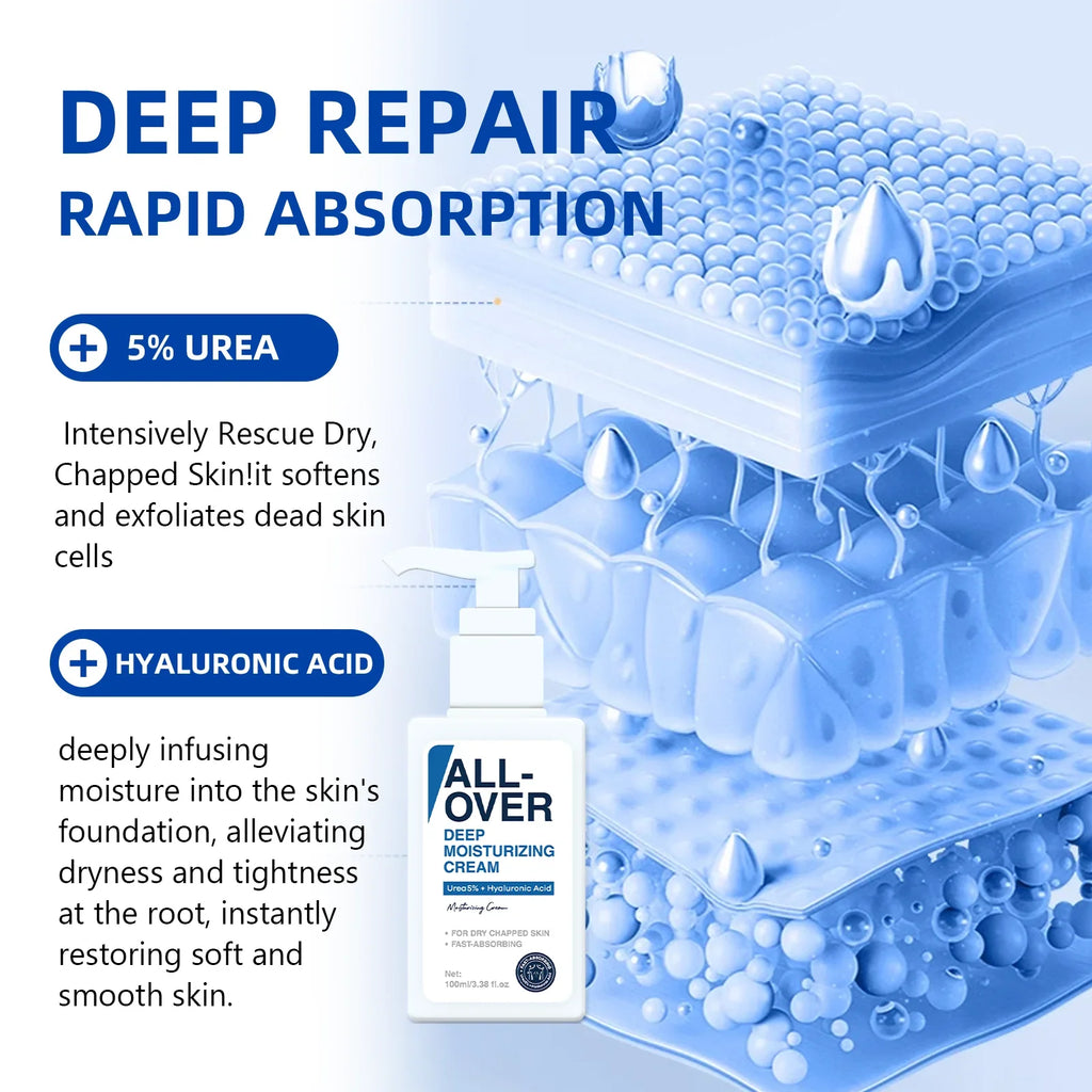 ALL-OVER Deep Moisturizing Cream 100ml 5% Urea Hyaluronic Acid Hydration Dry Chapped Skin Fast Absorption Face Body Hand Care