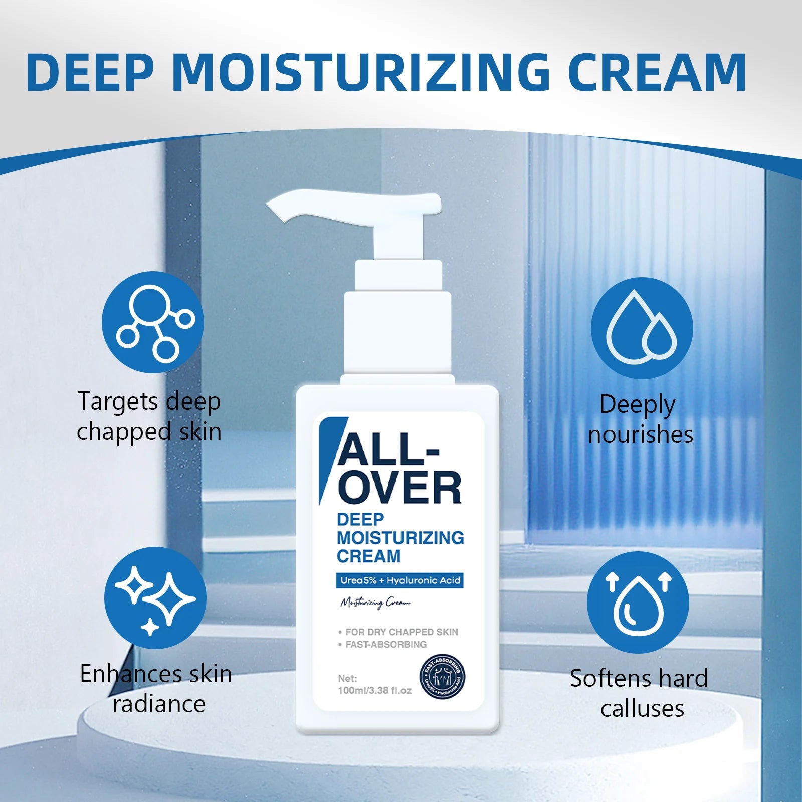 ALL-OVER Deep Moisturizing Cream 100ml 5% Urea Hyaluronic Acid Hydration Dry Chapped Skin Fast Absorption Face Body Hand Care
