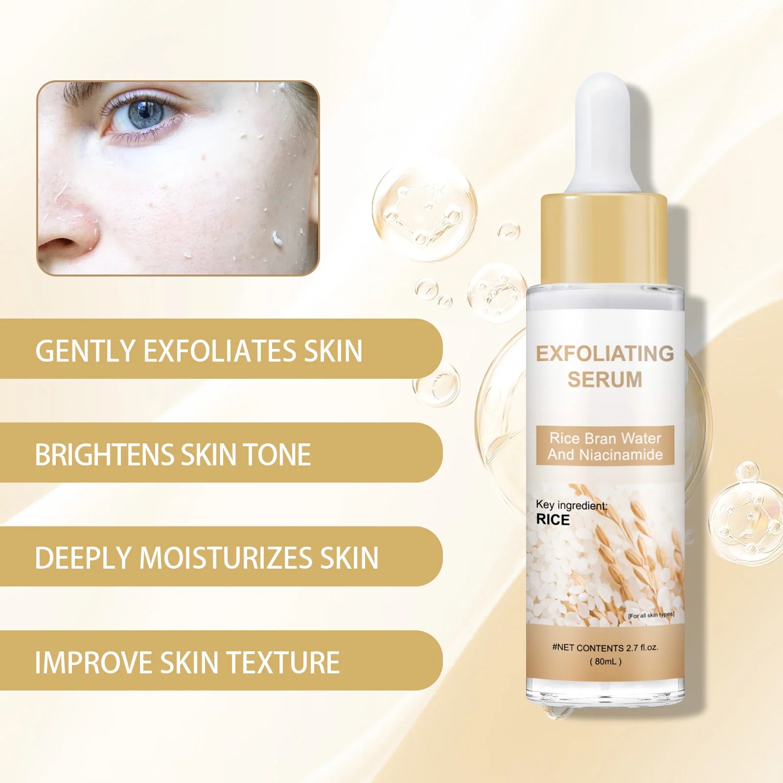 Brightening Rice Bran Face Serum 80ml - Natural Fruit Acids Gently Exfoliate, Smooth & Enhance Skin Texture for Radiance.