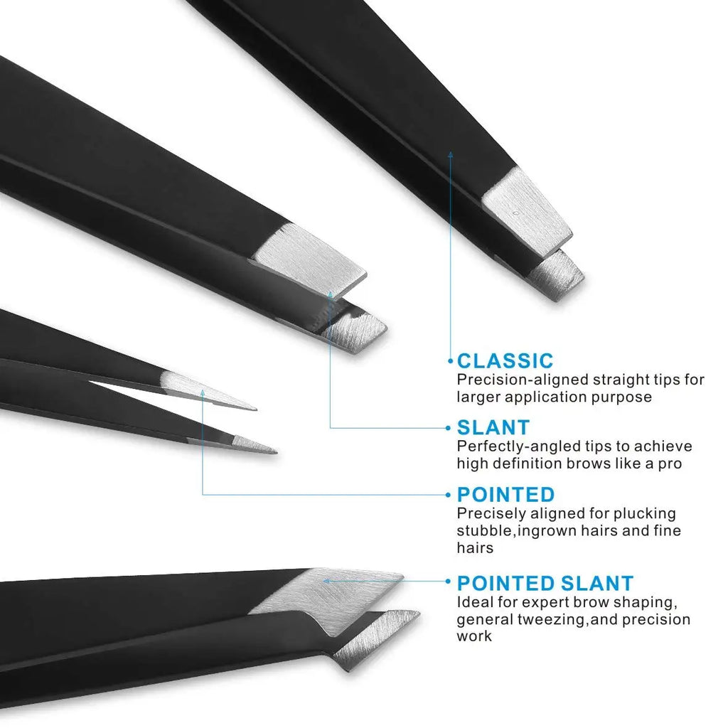 Stainless Steel Grooming Tweezers Set – Professional 5‑Piece Brow & Lash Tools with Slanted Tip