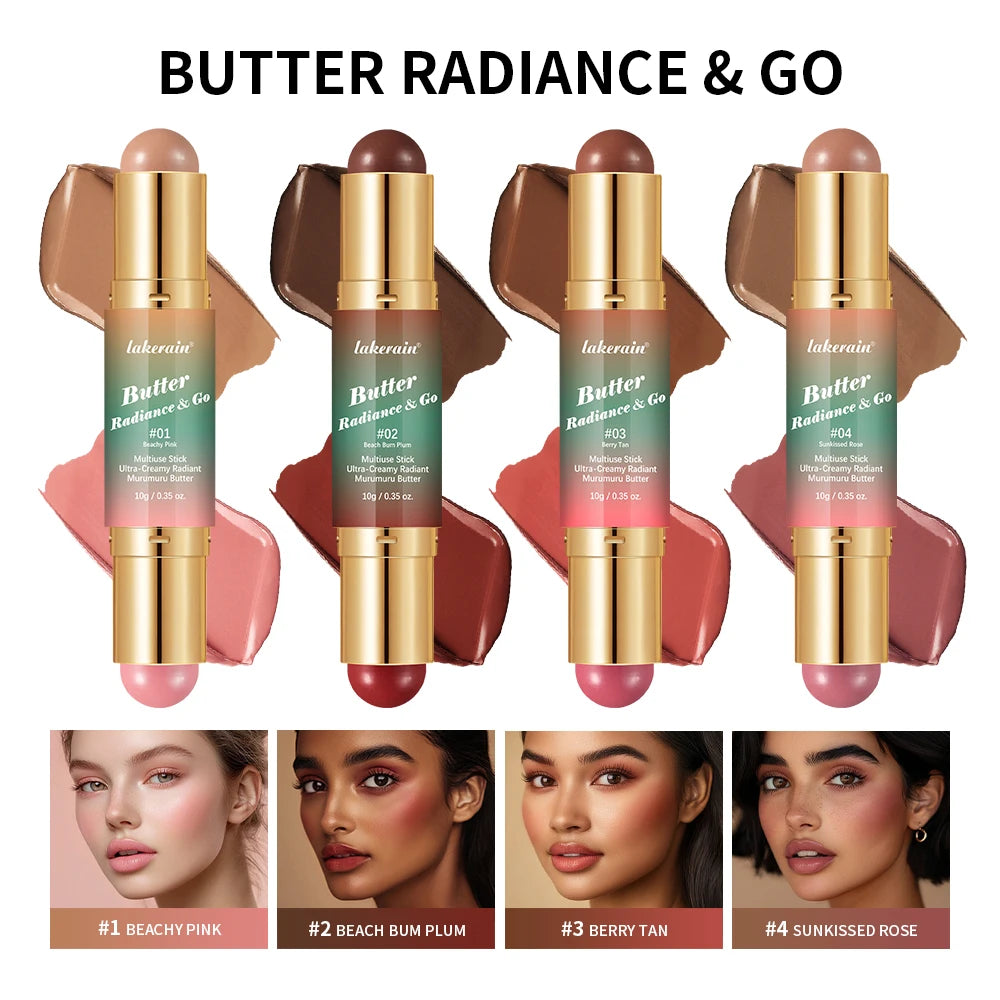 Lakerain Multipurpose Blush Stick Moisturizing Skin Long Lasting Natural Double-headed Bronzer-Blush Stick Pigmented Beauty Makeup