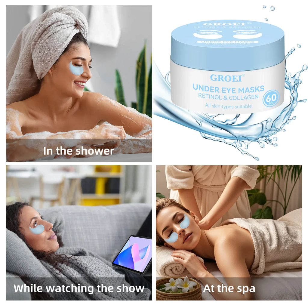 Retinol & Collagen Firming Eye Patches 60pcs - Reduces Dark Circles & Puffiness, Lifts & Moisturizes for Youthful Eyes.