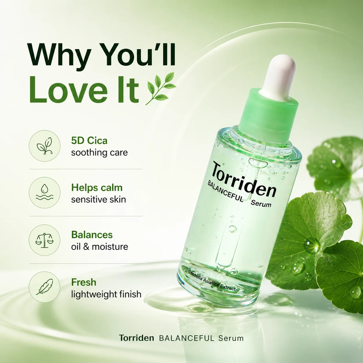Torriden Cica Soothing Serum 50ml Hyaluronic Acid Serum 50ml,Refreshing & Non-Sticky,Korean Skincare Korean Makeup Lightweight
