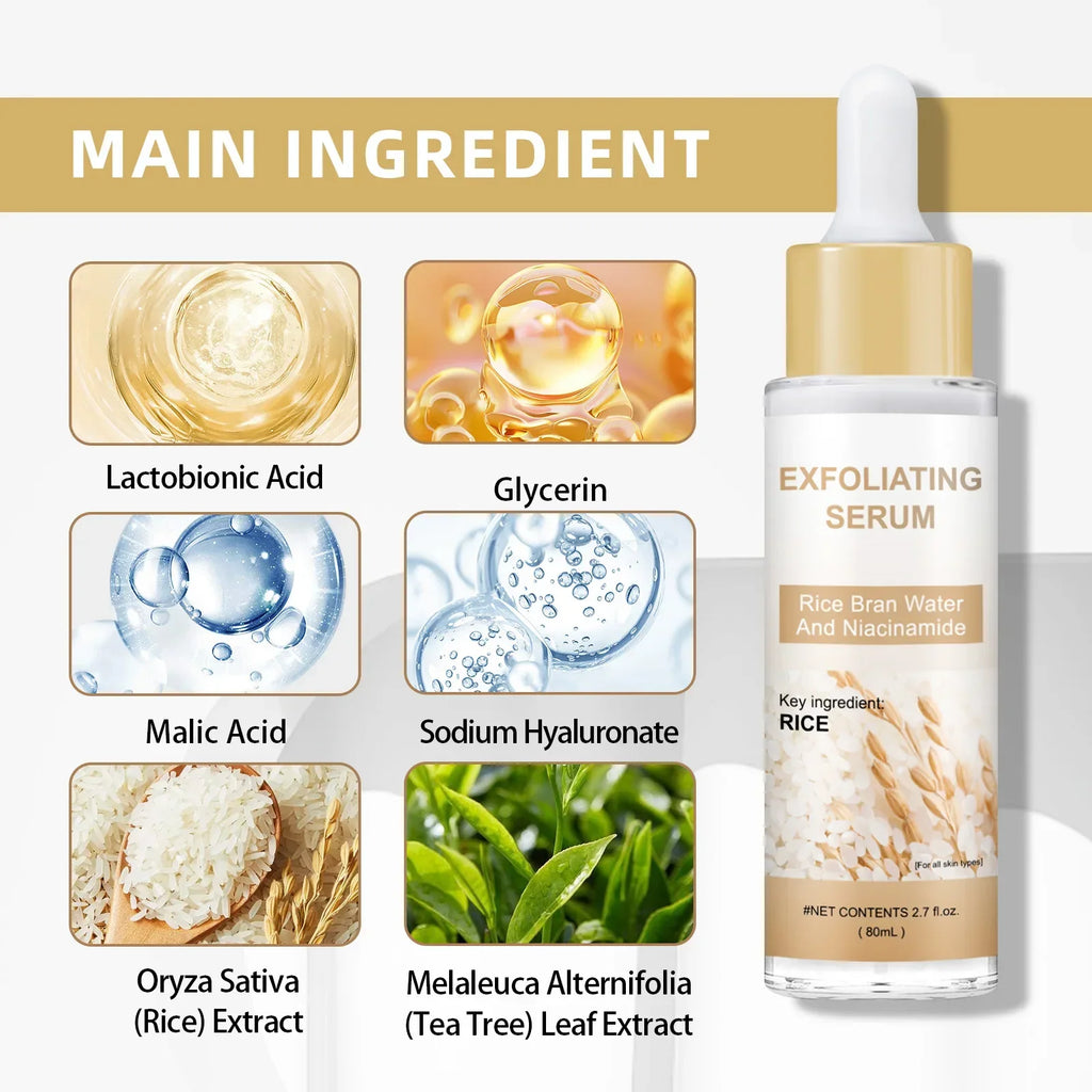 Brightening Rice Bran Face Serum 80ml - Natural Fruit Acids Gently Exfoliate, Smooth & Enhance Skin Texture for Radiance.