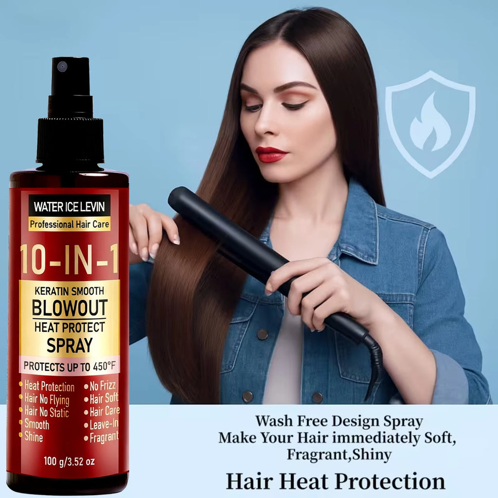 10-IN-1 Keratin Smooth Blowout Heat Protect Spray - Up to 450°F Heat Protection, Shine with Keratin & Biotin for All Hair Types