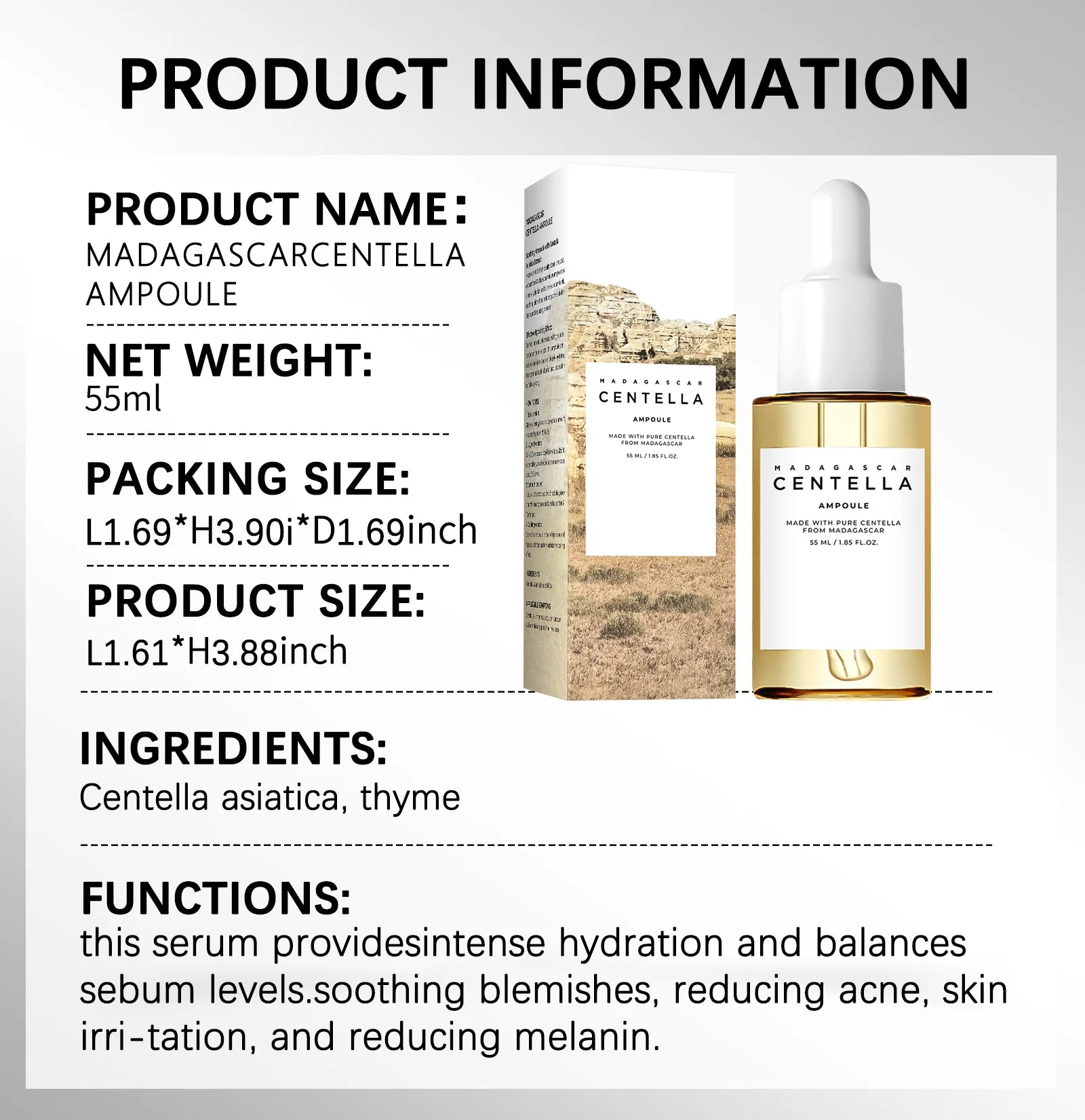 Centella Asiatica Serum 55ml - Sensitive skin soothing formula with acne fighting, deep moisturizing benefits for face