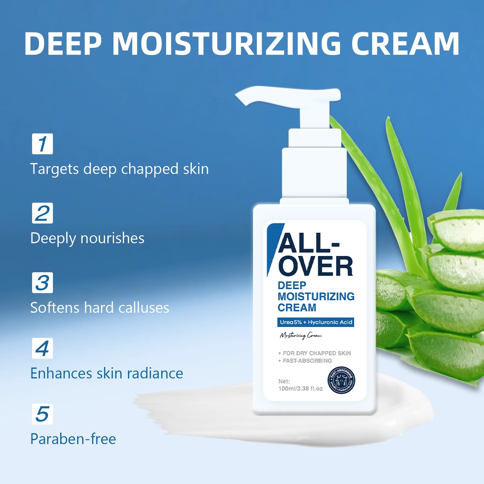 ALL-OVER Deep Moisturizing Cream 100ml 5% Urea Hyaluronic Acid Hydration Dry Chapped Skin Fast Absorption Face Body Hand Care