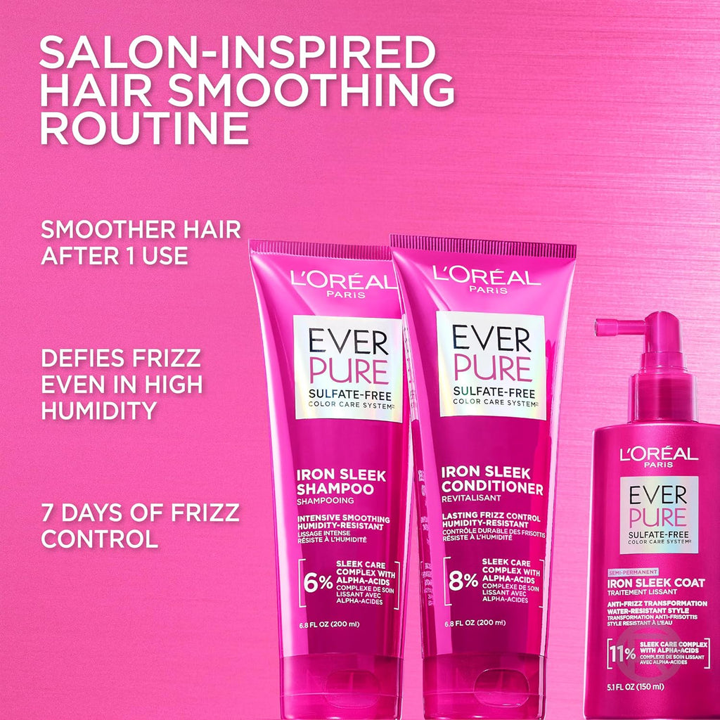 Sulfate Free Iron Sleek Smoothing Shampoo and Conditioner Set, Frizz Control and Humidity-Resistant Formula with Alpha-Acids, Suitable for Color-Treated Hair, Everpure, 13.6 Fl Oz Set