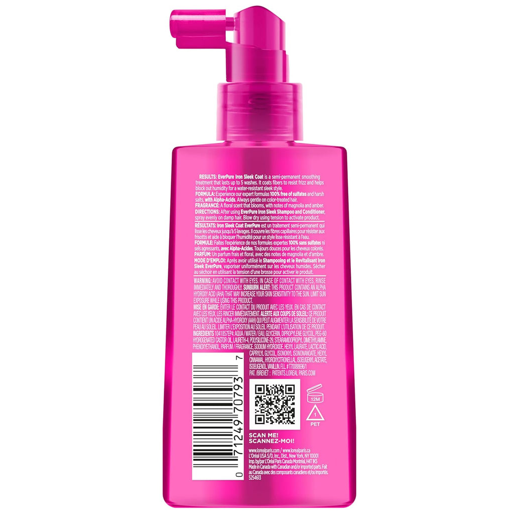Sulfate Free Iron Sleek Coat, Anti-Frizz Hair Treatment Spray with Heat Protection & Humidity Protection, Semi-Permanent Smoothing, Suitable for Color-Treated Hair, Everpure, 5.1 Fl Oz