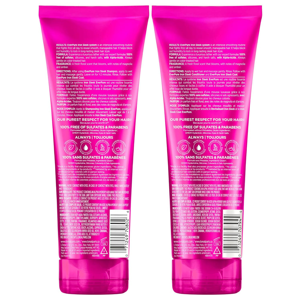 Sulfate Free Iron Sleek Smoothing Shampoo and Conditioner Set, Frizz Control and Humidity-Resistant Formula with Alpha-Acids, Suitable for Color-Treated Hair, Everpure, 13.6 Fl Oz Set